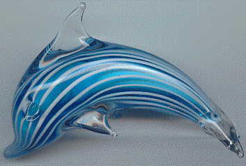 blue/white/clear glass candystriped dophin ornament, left hand view