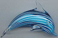blue/white/clear glass candystriped dophin ornament, right hand view