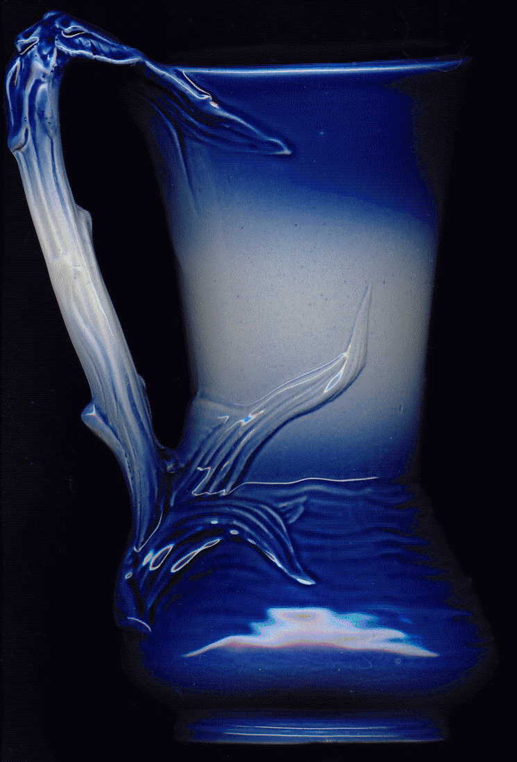 right side of jug with water and  flag leaves