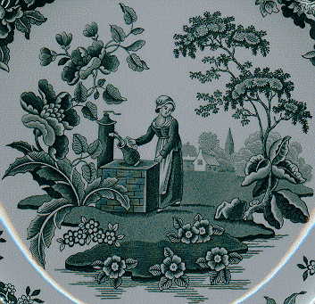 green/white dinner plate with picture of the woman at the well