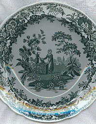 green/white dinner plate with picture of the woman at the well