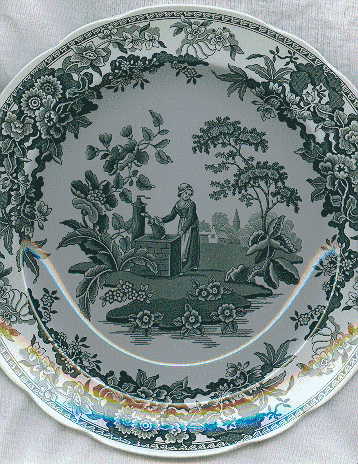green/white dinner plate with picture of the woman at the well