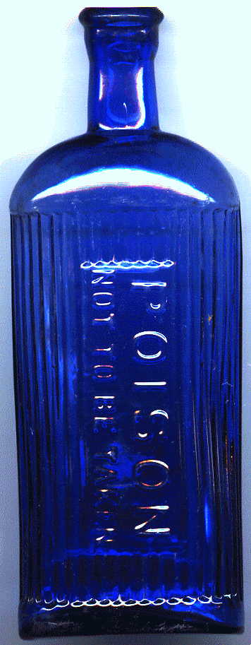 blue poison bottle: front view