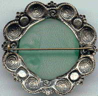 1940s brooch with green satin glass cabochons: back view showing simple, functional clasp