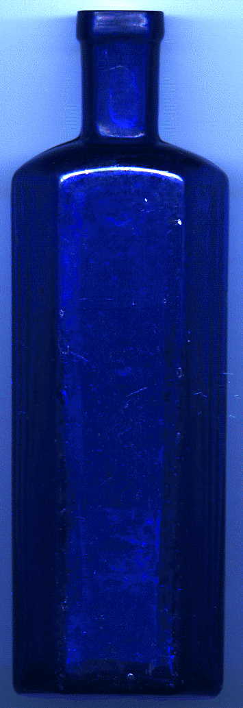 medium-large bristol blue victorian hexagonal poison bottle, showing 3 smooth sides for the paper label.