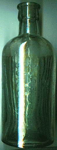pale green poison bottle: back view.  you can just see the big bubble in the glass, on the RH side, about halfway up.