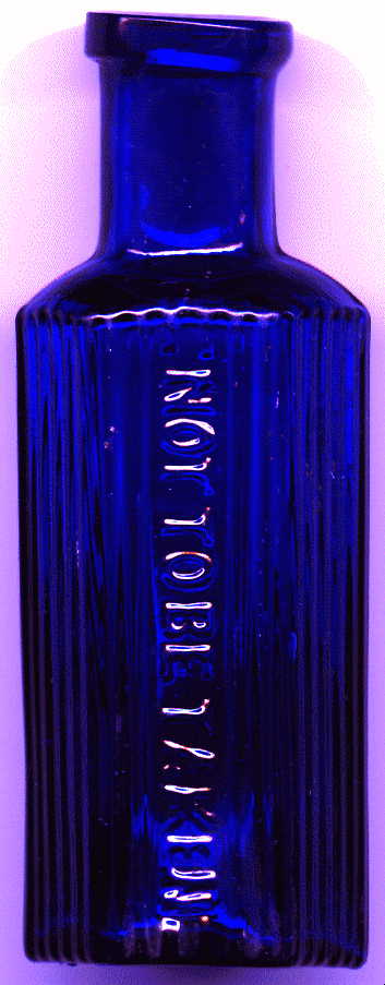 small bristol blue hexagonal victorian ntbt poison bottle: front view